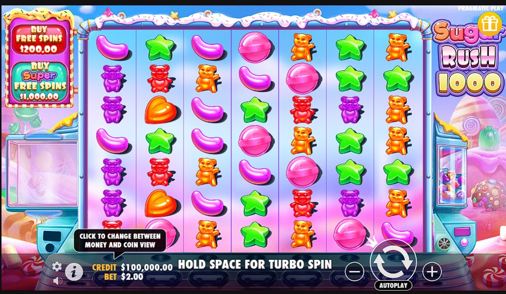 Sugar Rush 1000 gameplay no grid 7x7 com multiplier spots ativos durante Free Spins